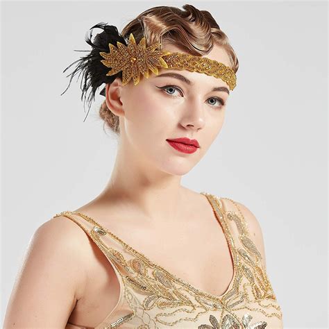 1920s Headband Black Feather Gold Bridal Great Gatsby 20s 20 S Flapper