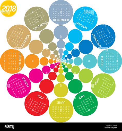Colorful Calendar For 2018 Circular Design Week Starts On Sunday