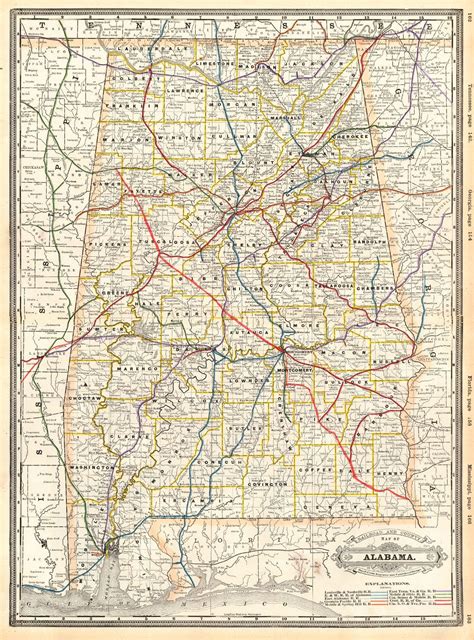 New Railroad And County Map Of Alabama Geo F Cram 1889 Detailed