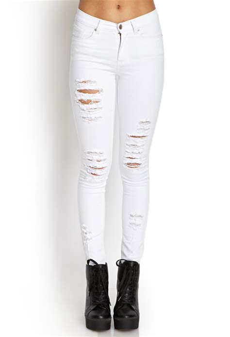 Forever 21 Distressed Skinny Jeans In White Lyst