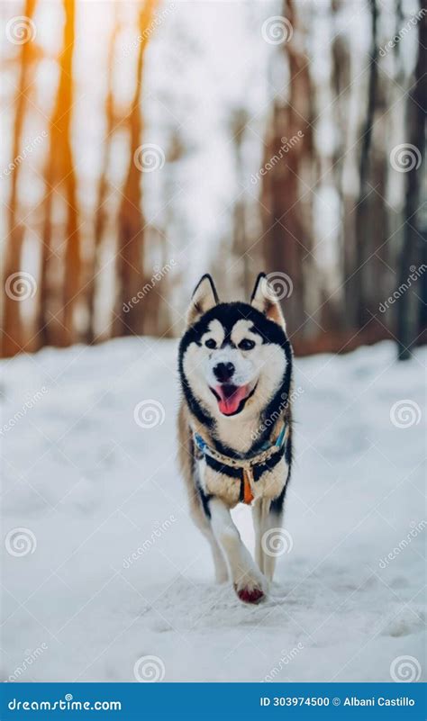 A Husky Dog Running In The Snow Stock Illustration Illustration Of