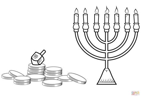Die chanukkia (hebräisch חַנֻכִּיָּה, letzte silbe betont) bzw. Ausmalbild: Chanukka-Leuchter, Dreidel und Gelt ...
