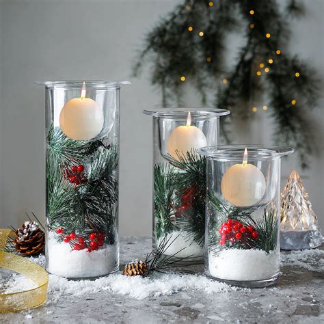 Glass Hurricane Candle Holders With Decorative Christmas Ornaments