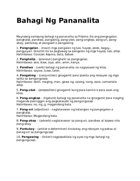 Bahagi ng pananalita *ayroong sampung bahagi ng pananalita sa ilipino. (DOC) Bahagi Ng Pananalita | Marienelle Antazo - Academia.edu