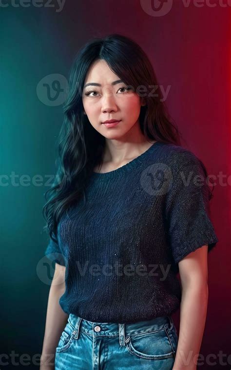 Portrait Photo Of Beautiful Middle Aged Asian Woman In Dark Room With Light In Background