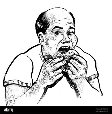 Feliz Hombre Gordo Comiendo Una Hamburguesa Dibujo En Blanco Y Negro