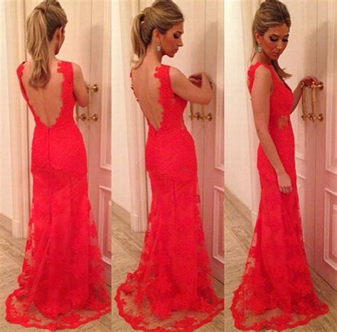 Sexy Backless Evening Dress,Prom Dress,Lace Evening Dress,Red Evening