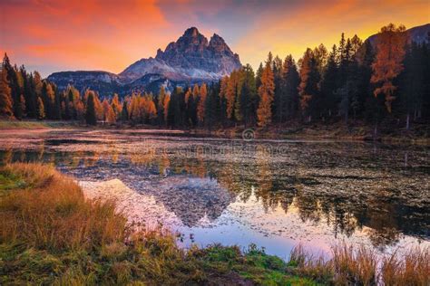 Wonderful Autumn Dawn Landscape With Antorno Lake In Dolomites Italy