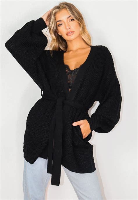 Black Belted Balloon Sleeve Oversized Knitted Cardigan Missguided