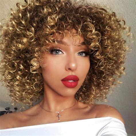 Goodly Ombre Blonde Short Afro Curly Wigs With Bangs For Black White Women Blonde