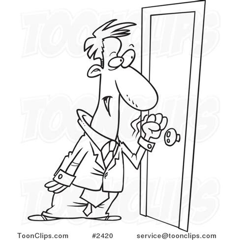 Cartoon Black And White Line Drawing Of A Business Man Knocking On A
