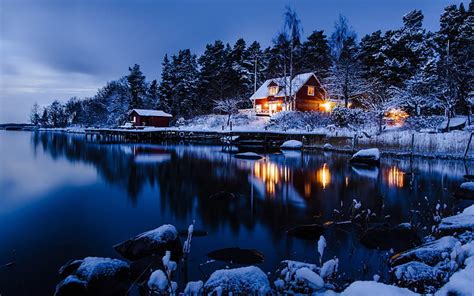 1080p Free Download Warm Lights Sweden Forest House North Lake