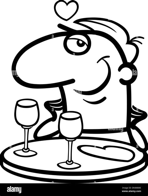 Ilustración Caricatura En Blanco Y Negro De Gracioso Hombre Esperando En Un Restaurante Para Su
