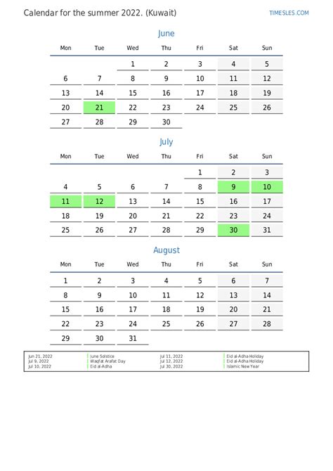 Summer 2022 Calendar With Holidays For Kuwait Print And Download Calendar