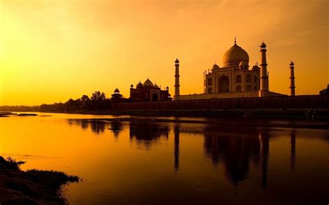 Sunset Taj Mahal Palace River Reflection India Architecture