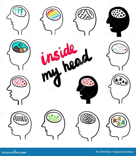 Inside My Head Hand Drawn Set Of Different Heads With Brains Stock
