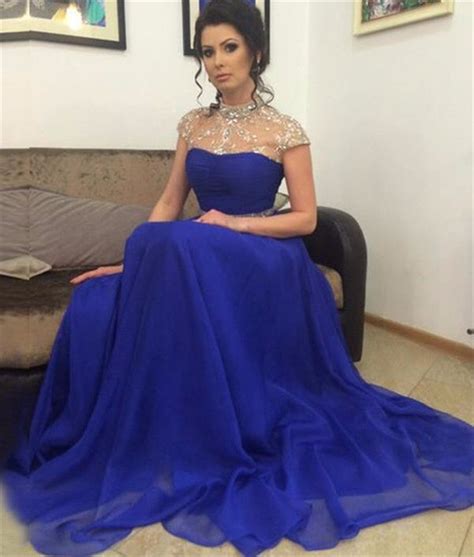 Designer Rhinestone Beaded Royal Blue Long Prom Dresses Simple High