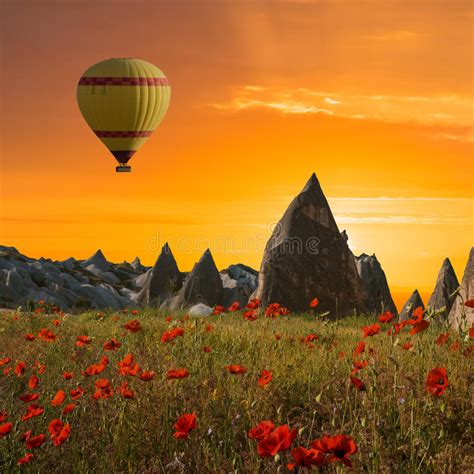 Hot Air Balloons Flying Over Cappadocia Turkey Stock