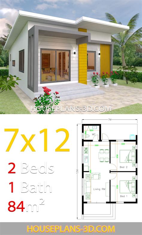 Small House Design 7x7 With 2 Bedrooms House Plans 3d 1e3