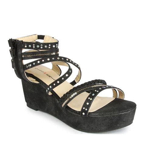 Kiss Kriss Black Faux Leather Wedges Peep Toe Sandal Price In India