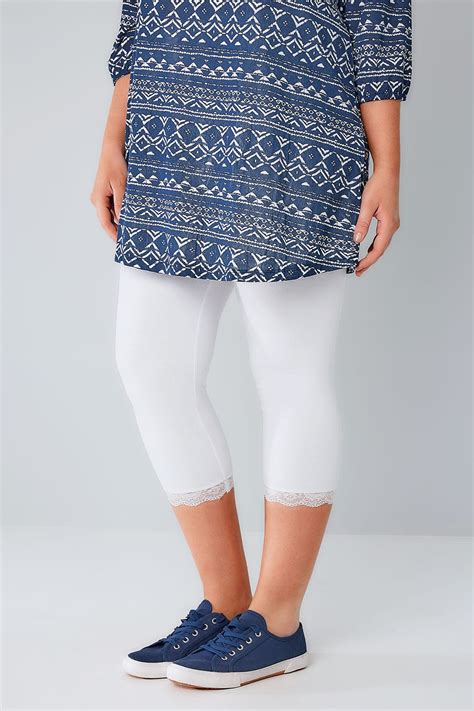 White Cotton Elastane Crop Legging With Lace Detail Plus Size 16 To 32