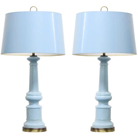 Pair Of 1960s Light Blue Glass Lamps With Lacquered Matching Shades At