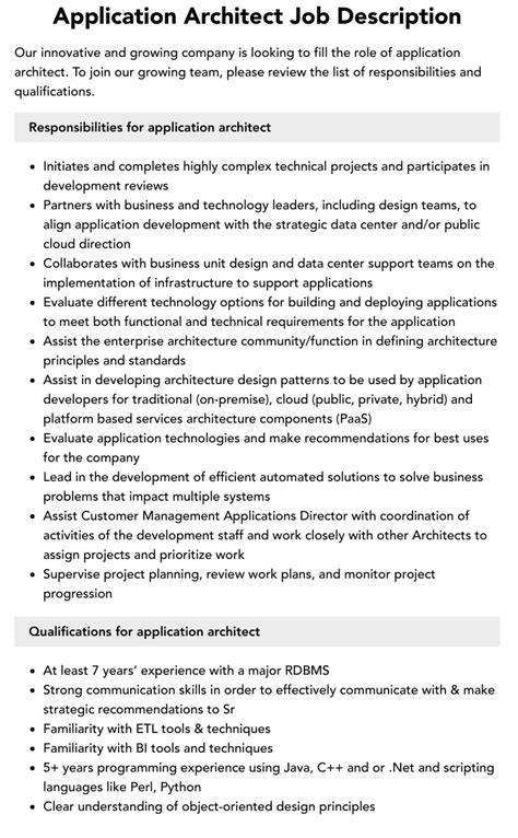 Application Architect Job Description Velvet Jobs