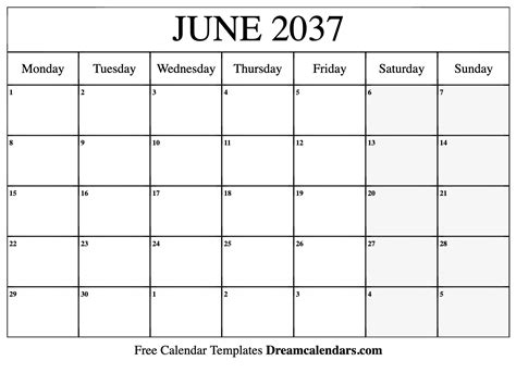 June 2037 Calendar Free Blank Printable With Holidays