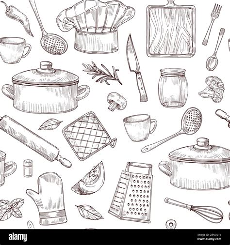Kitchen Tools Seamless Pattern Sketch Cooking Utensils Hand Drawn
