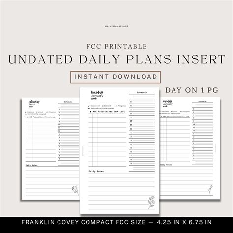 Undated Daily Insert Franklin Covey Compact FCC Rings Printable FCC