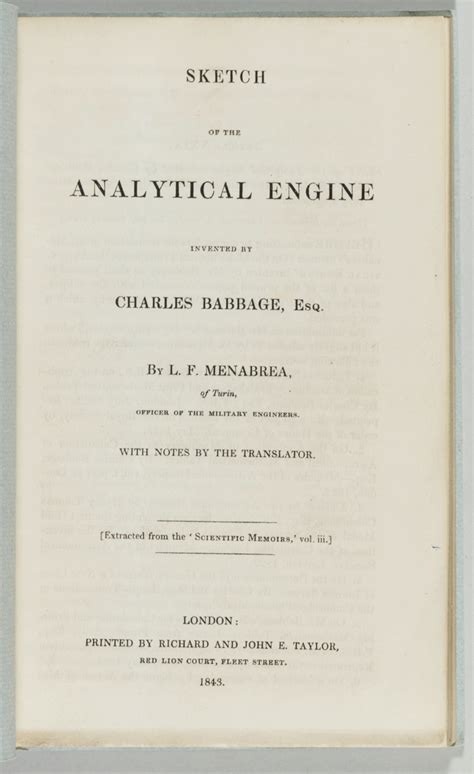 Babbage Menabrea Luigi Federico 1809 1896 Sketch Of The Analytical Engine Invented By