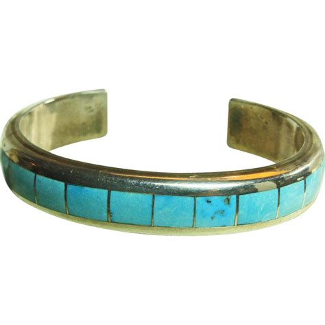 Sterling Silver Narrow Cuff Bracelet With Turquoise On Metal Inlay From