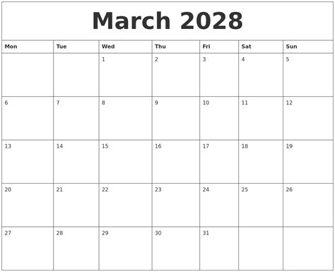 March 2028 Printable Calendar Pdf