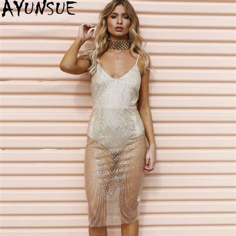 Ayunsue Summer Dress 2018 Women Sex Backless Spaghetti Strap Dresses Vintage Sequins Clubnight