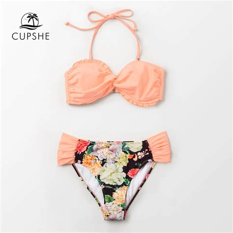 Cupshe Pink And Floral Bandeau Bikini Sets Women Sweet Halter Two