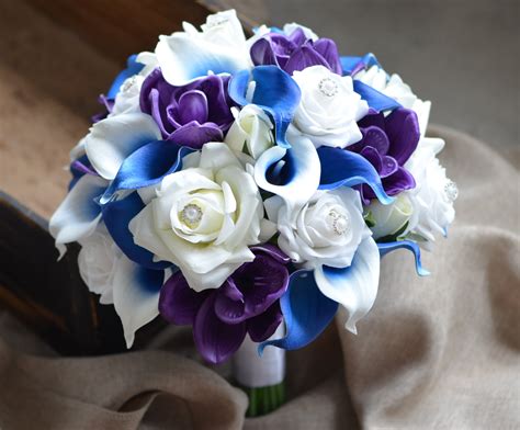 Royal Blue Purple Bridal Bouquet Real Touch Flowers Calla Lily Etsy