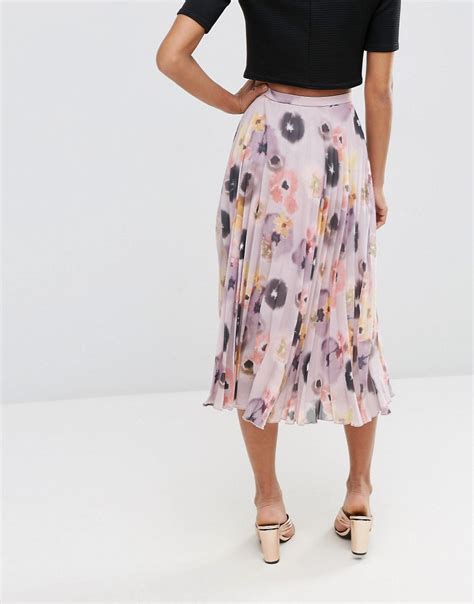 Asos Asos Pleated Midi Skirt In Floral Print At Asos