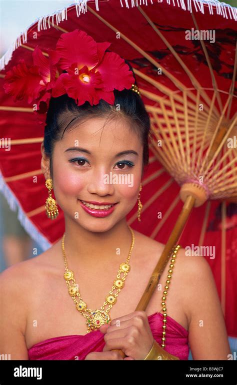 Portrait Young Woman In Traditional Thai Costume At Traditional Festival Chiang Mai Flower