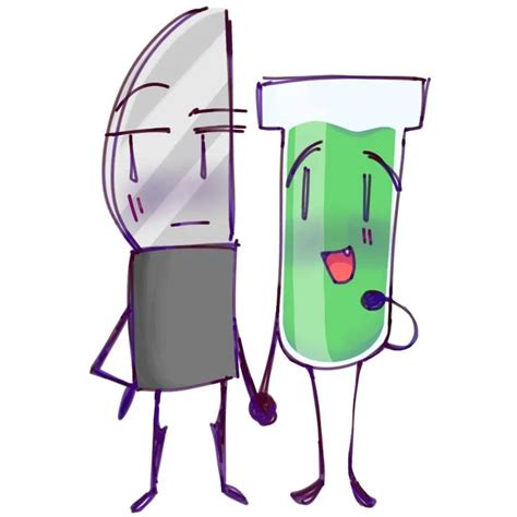 Knife And Test Tube From Inanimate Insanity Standing Next To Eachother They Are Holding Hands