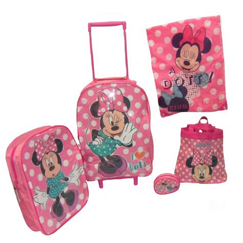 Disney Minnie Mouse 5 Piece Luggage Set Official Kids Travel Pink New