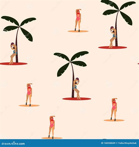 Beach Summer Vacation Seamless Pattern Retro Art Deco Poster Flat Illustration Stock
