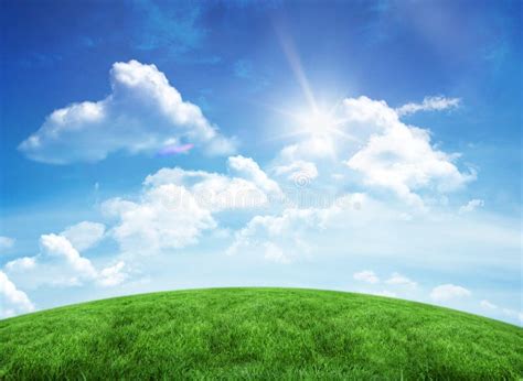 Green Hill Landscape With Mountains Blue Sky And Green Meadow Stock