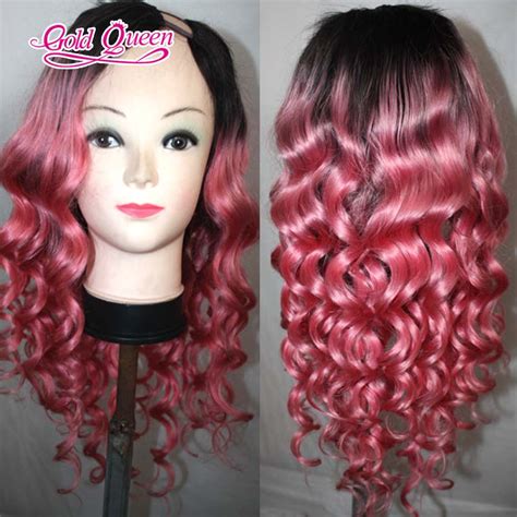 Pink Human Hair Wig Dark Root Pink Ombre U Part Human Hair Wigs 7a