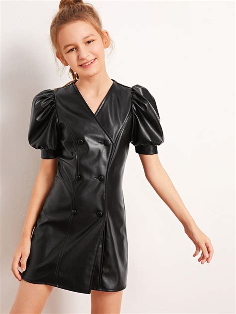 Girls Puff Sleeve Double Breasted Leather Look Dress Shein Usa