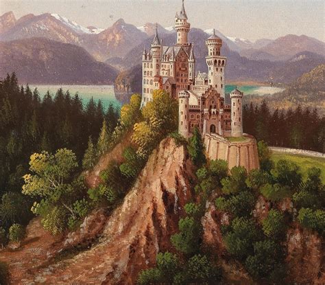 Vintage Neuschwanstein Castle Painting Mountain Landscape Etsy