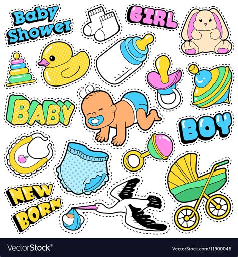 New Born Baby Stickers Patches Badges Scrapbook Vector Image