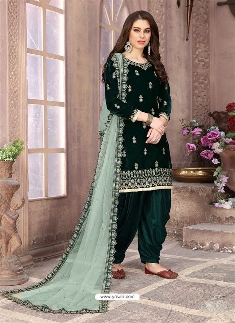 Buy Dark Green Heavy Designer Party Wear Velvet Punjabi Patiala Suit