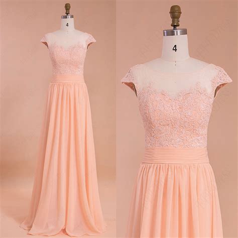 Peach Color Modest Prom Dresses Long Bridesmaid Dresses Mypromdress