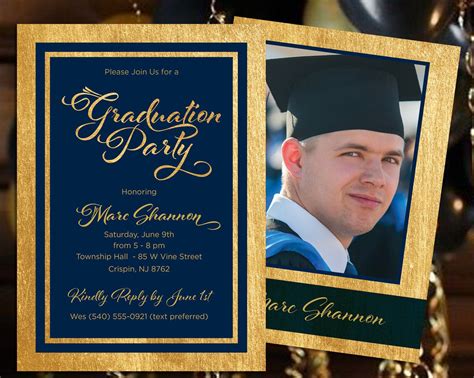 Navy Blue And Gold Graduation Party Invitation With Photo Etsy Gold
