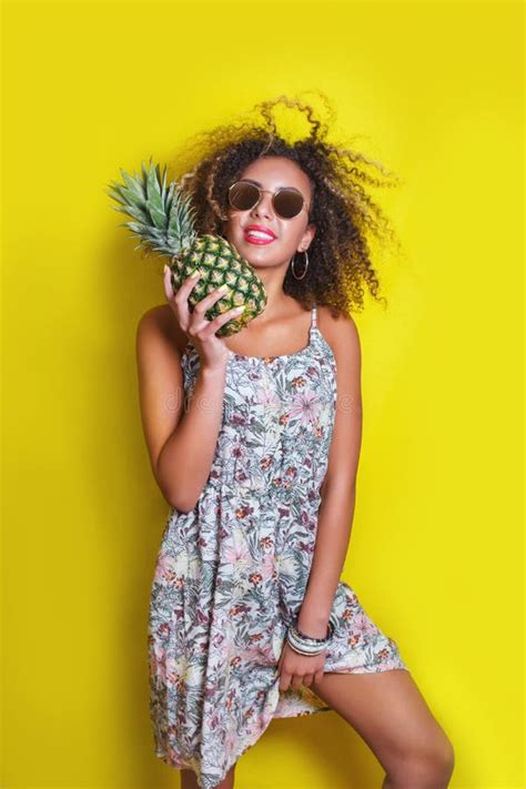 Fashion Portrait Afro American Girl In Sunglasses And Pineapple Over